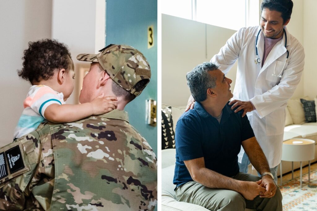 Military holding a child and a healthcare professional with a patient